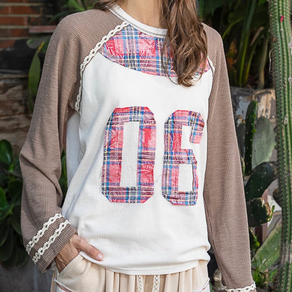 New POL Plaid Number 06 Raglan Sleeve T-Shirt